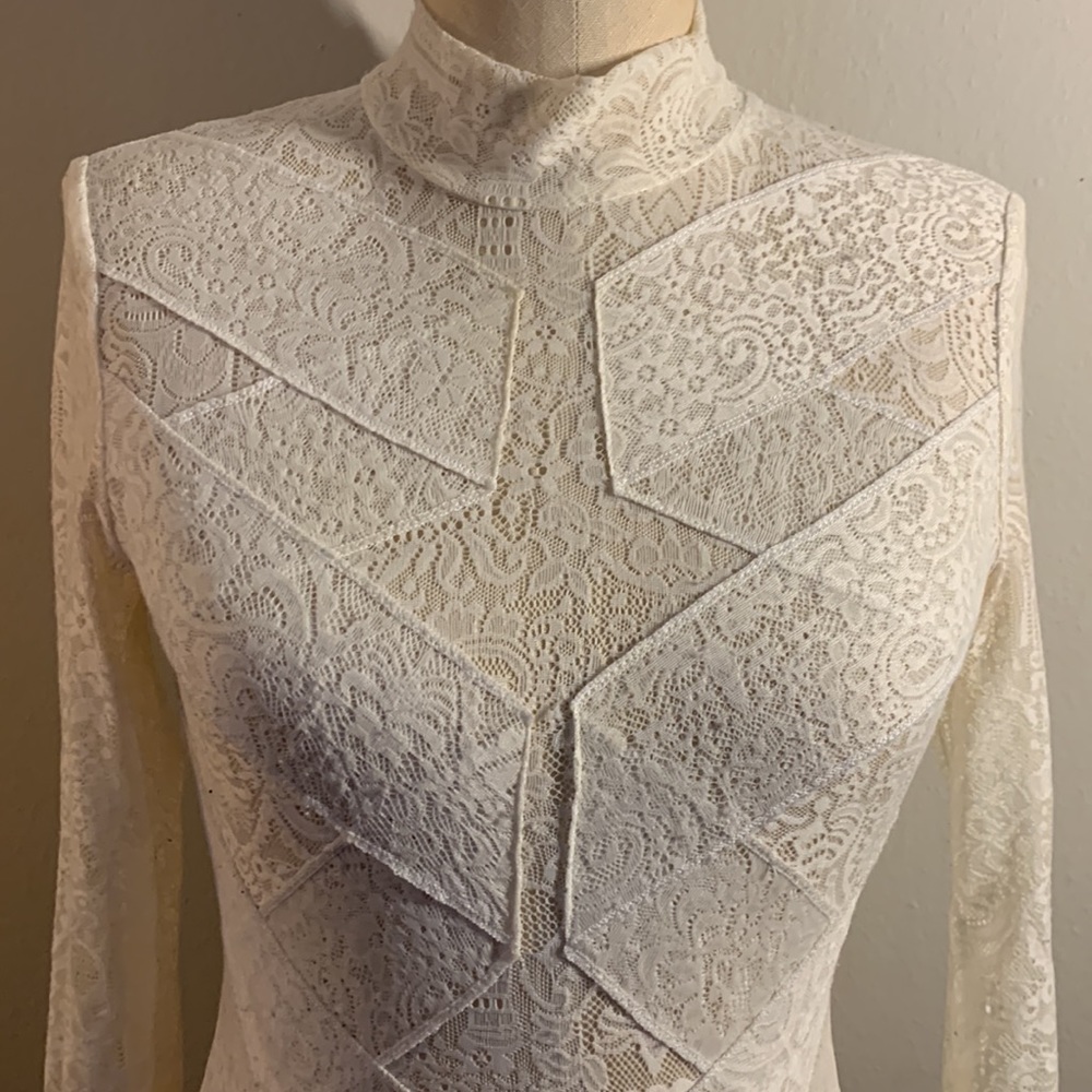 BCBG Max Azria Lace Mock Neck Sheer Bodysuit